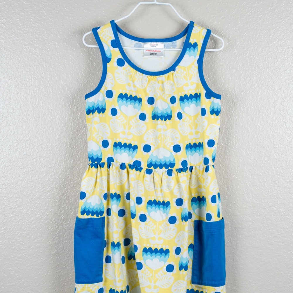 Hanna Andersson Yellow Tank Dress w/ Blue Flowers - Size 120 cm (6x-7)